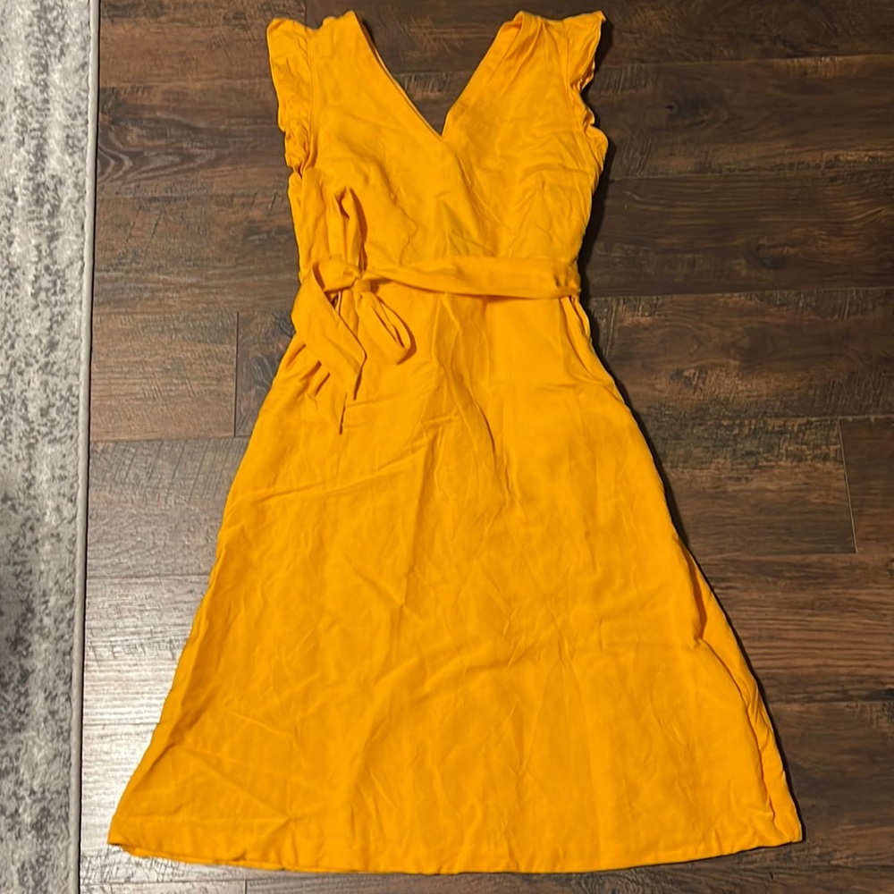 Worn Once- LOFT Mustard Linen Dress with Cut-out back